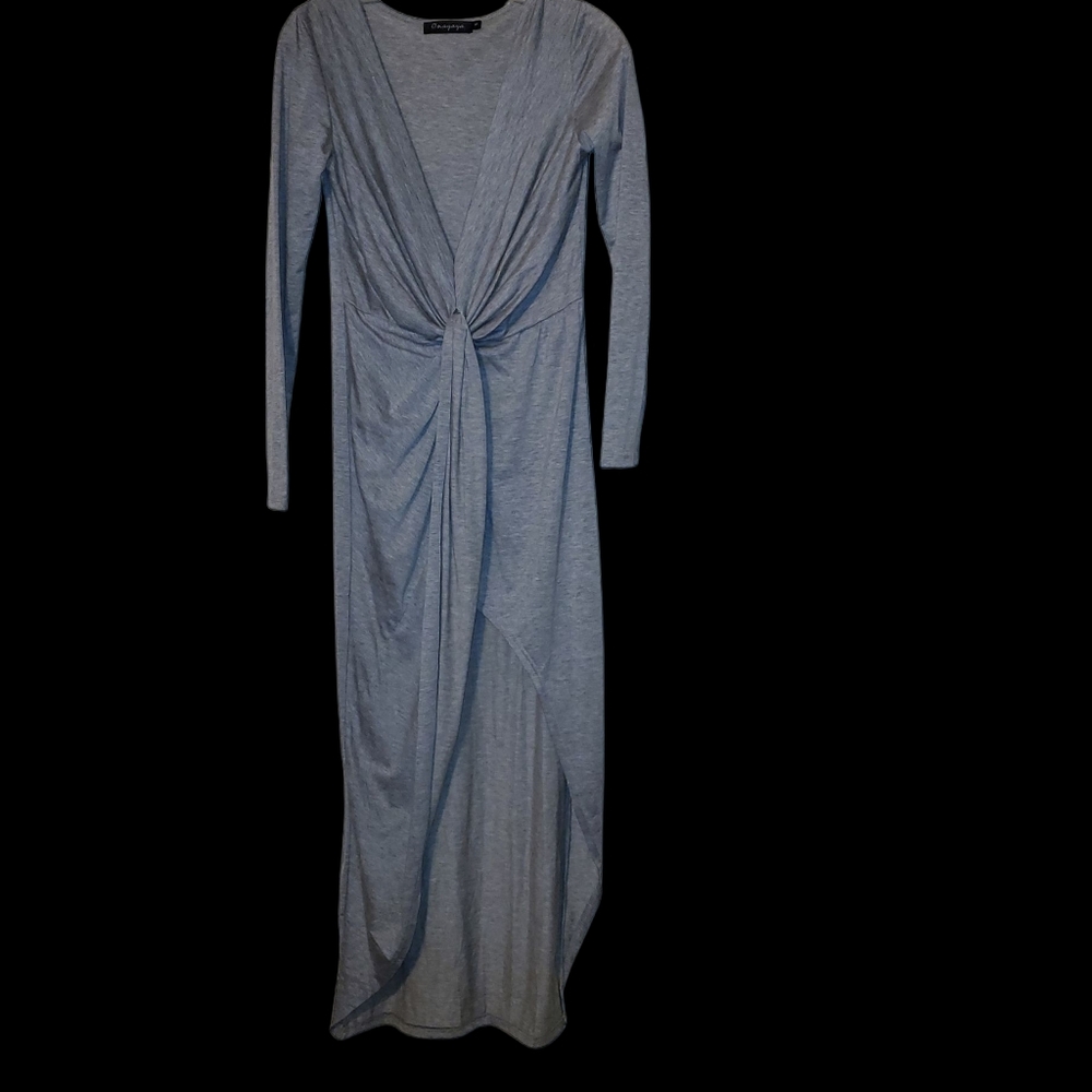 ONAYAYA, Medium, Open Front Long Slit Grey Dress